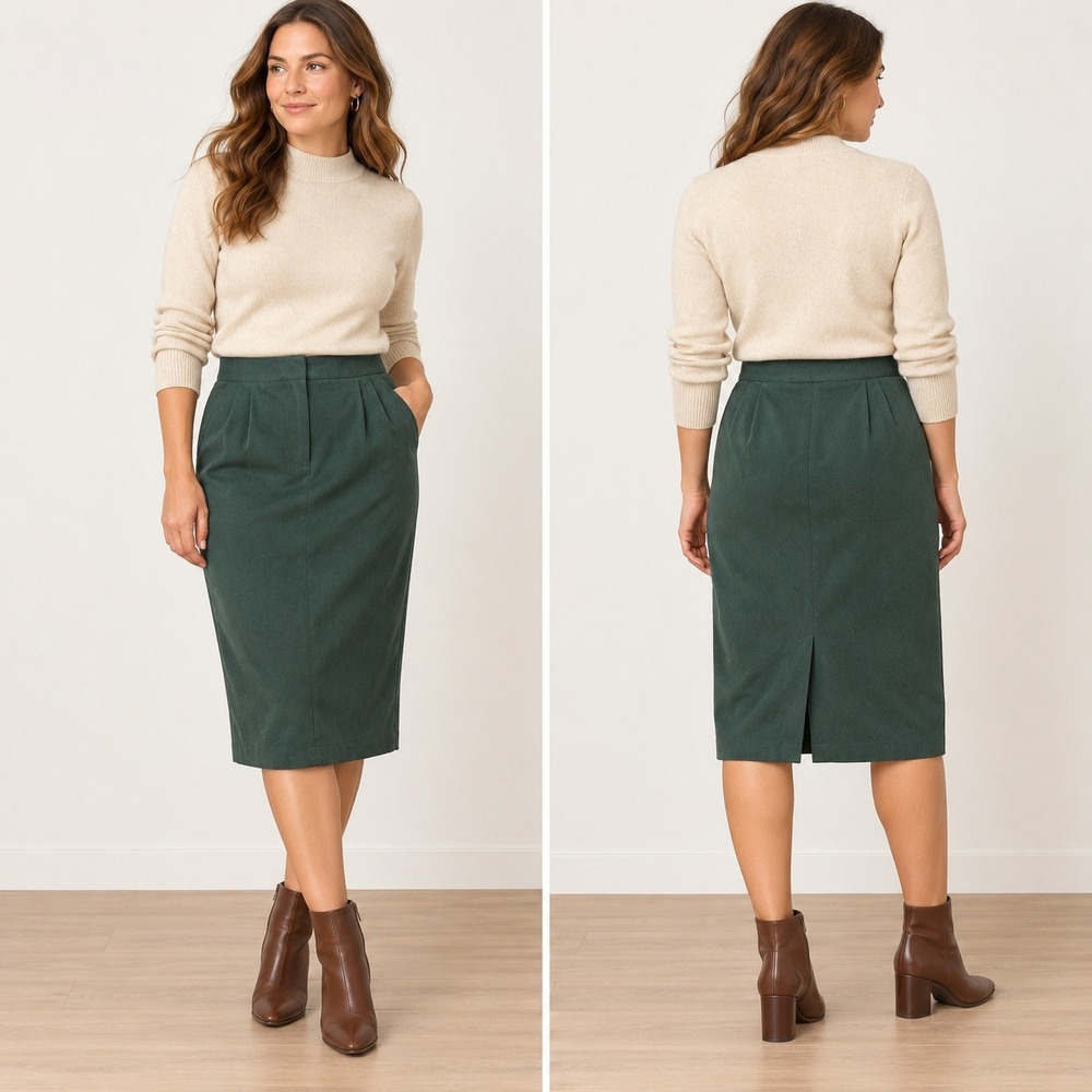 Talbots Womens Size 12 Forest Green Stretch Pencil Skirt Midi Back Vent Workwear